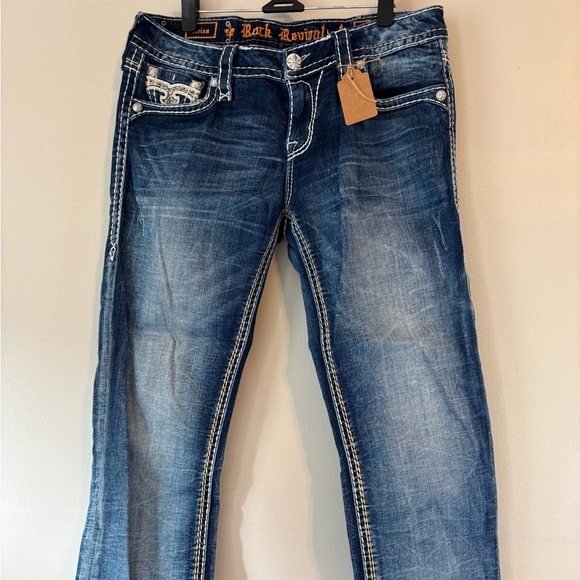 Rock Revival Vintage Blue Acid Wash Y2K Low Rise Denim Embroidered Capri Size30 - Picture 2 of 13